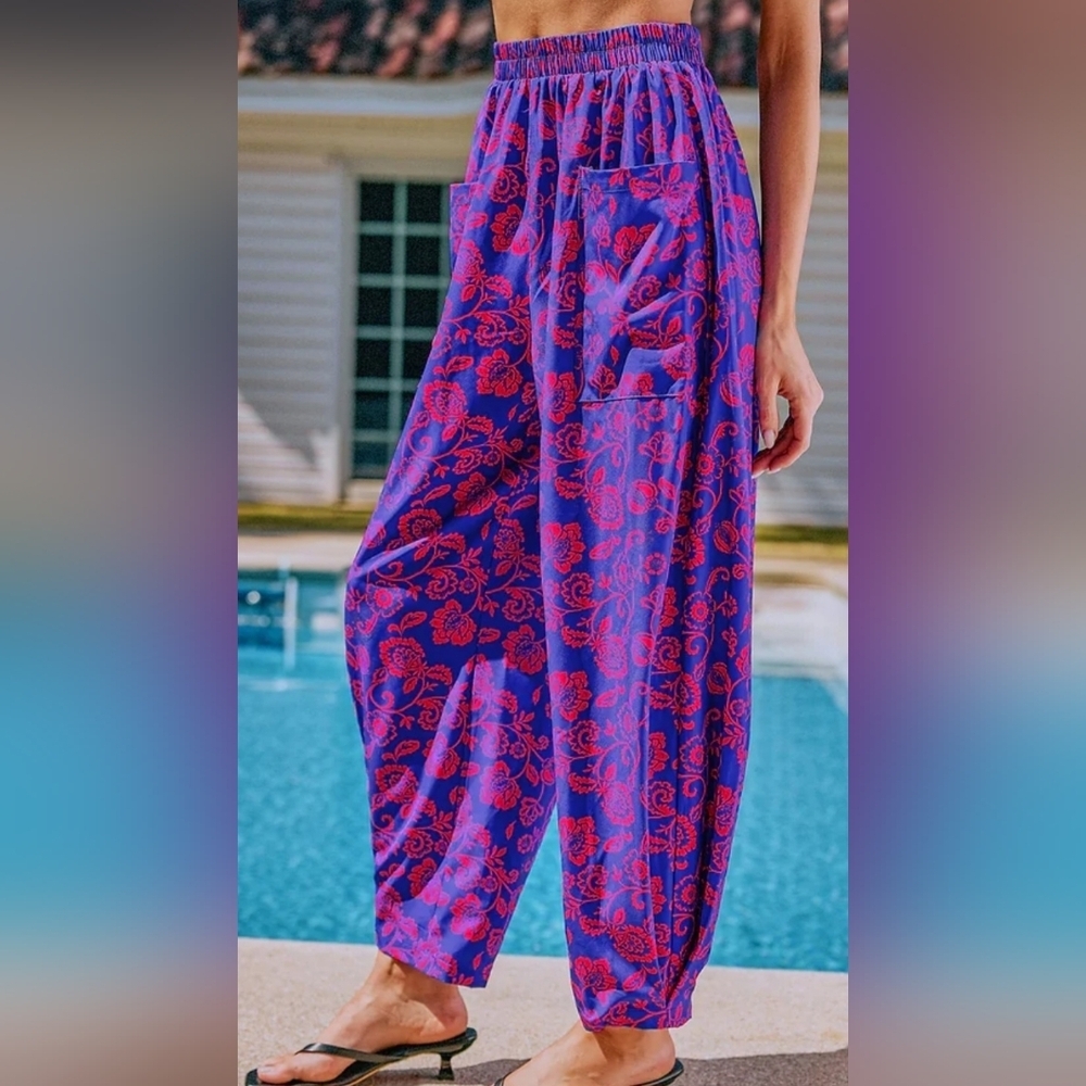 Cupshe Vibrant Blue and Red Sangria Sands Floral Cover Up Pants - Picture 4 of 10